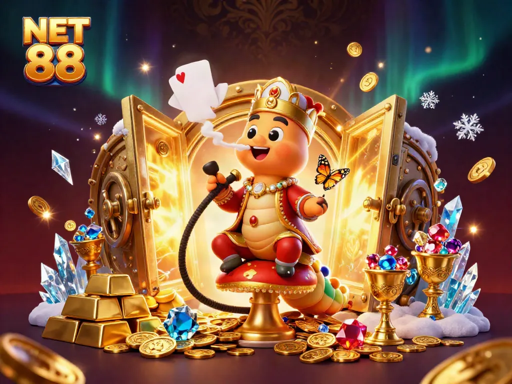Experience NET 88 with a vibrant scene of a caterpillar sultan surrounded by treasures and casino symbols.
