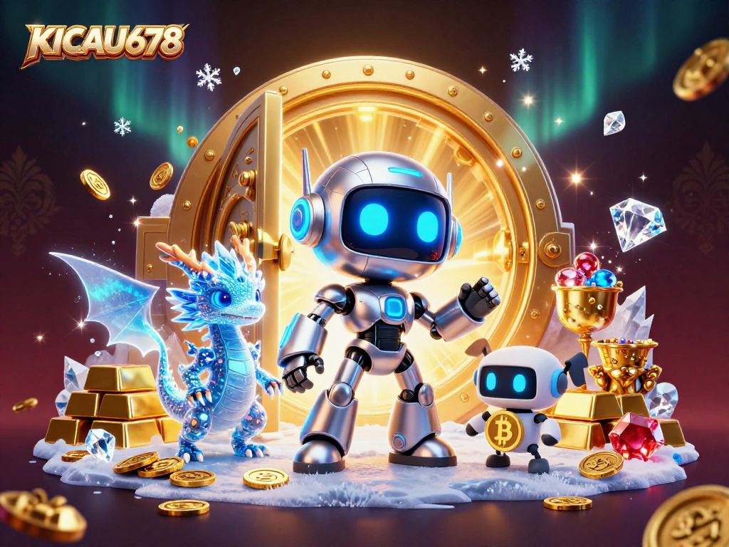 KICAU678 showcases an energizing casino scene with a cyberpunk robot, AI dragon, and bitcoin drone.