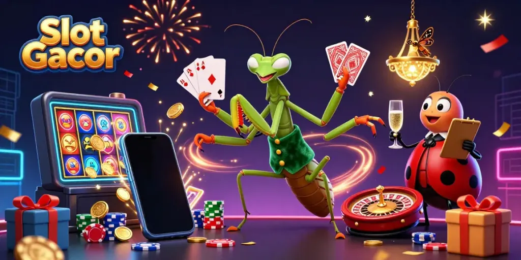 Engage with Slot Gacor's vibrant scene featuring a cartoon praying mantis card sharp, ladybug pit boss, and dynamic gaming elements.