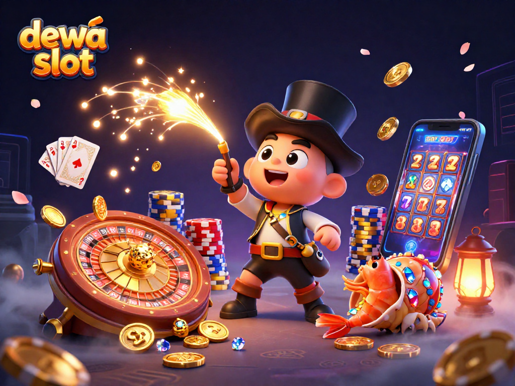 Play exciting games at dewa slot with shiny coins, vibrant cards, and dynamic characters.