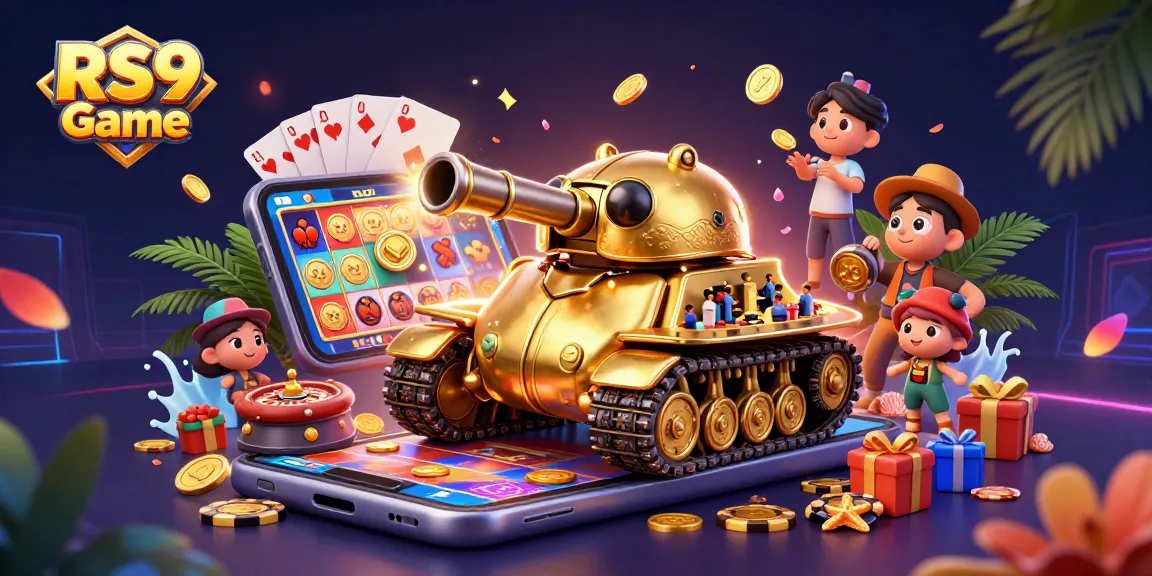 Experience RS9 Game excitement with a vibrant 3D casino scene featuring a golden beetle tank and dynamic game elements.