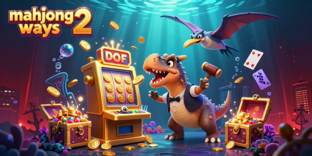 Engage in thrilling Mahjong Ways 2 action as a pachycephalosaurus triggers a jackpot at a casino.