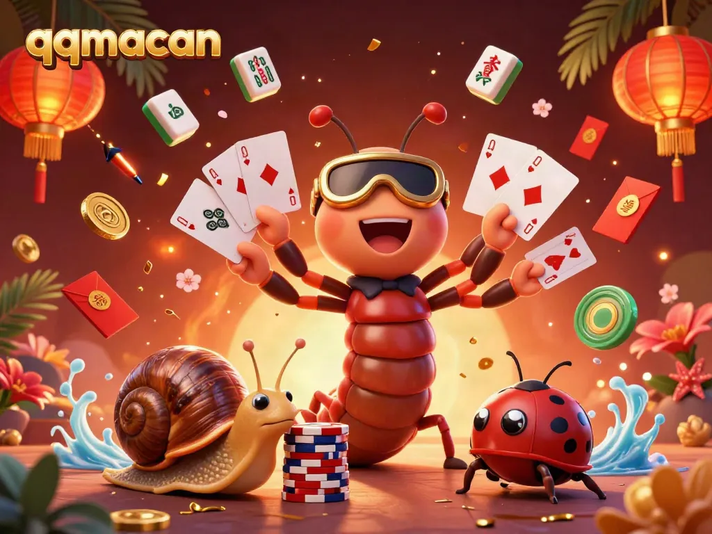 Engage with qqmacan's vibrant casino atmosphere featuring an animated millipede dealer and glimmering game elements.