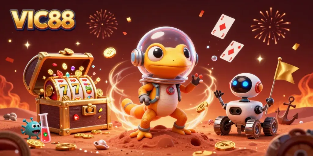Experience VIC88's vibrant casino adventure with cartoon Martian characters amidst gold and gems.