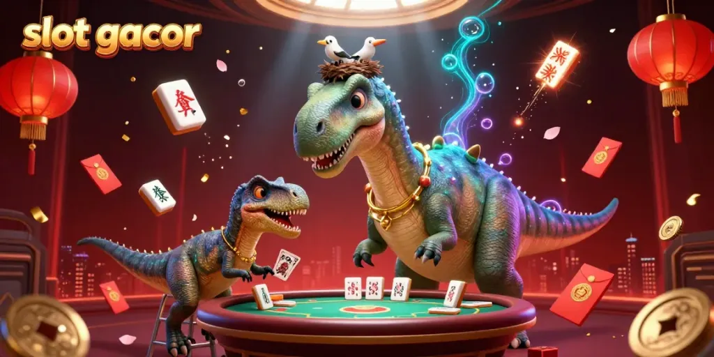 Engaging scene of a tall brontosaurus overseeing a dynamic slot gacor casino atmosphere with colorful game elements.
