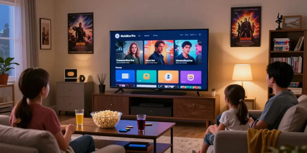 Family enjoying movies on MovieBox Pro official site in cozy living room.
