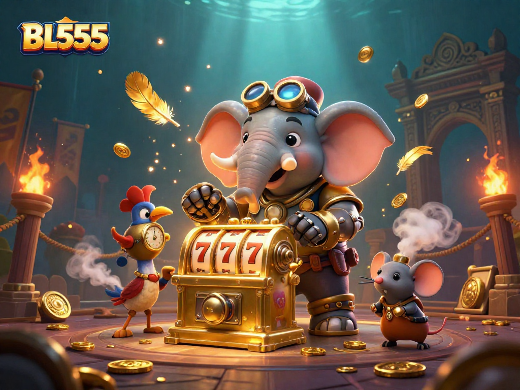 Experience thrilling gameplay at BL555 with our vibrant 3D casino illustration featuring an engineer operating a golden slot machine.