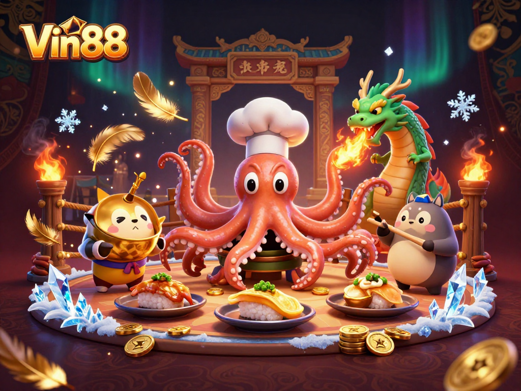 Vin88 players enjoy diverse games in a vibrant casino atmosphere with dynamic characters and golden rewards