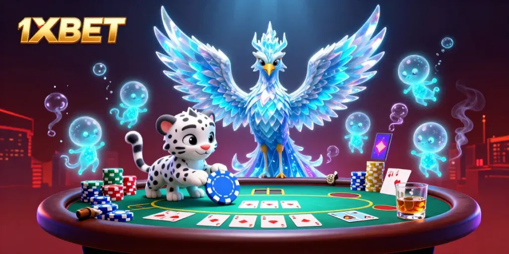 Experience 1XBET's dynamic gambling scene with an ice phoenix, poker elements, and glowing sprites.