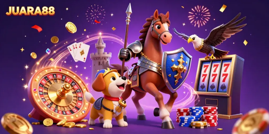Experience the thrilling JUARA88 casino adventure with medieval knight, squire puppy, and falcon in a vibrant 3D scene.