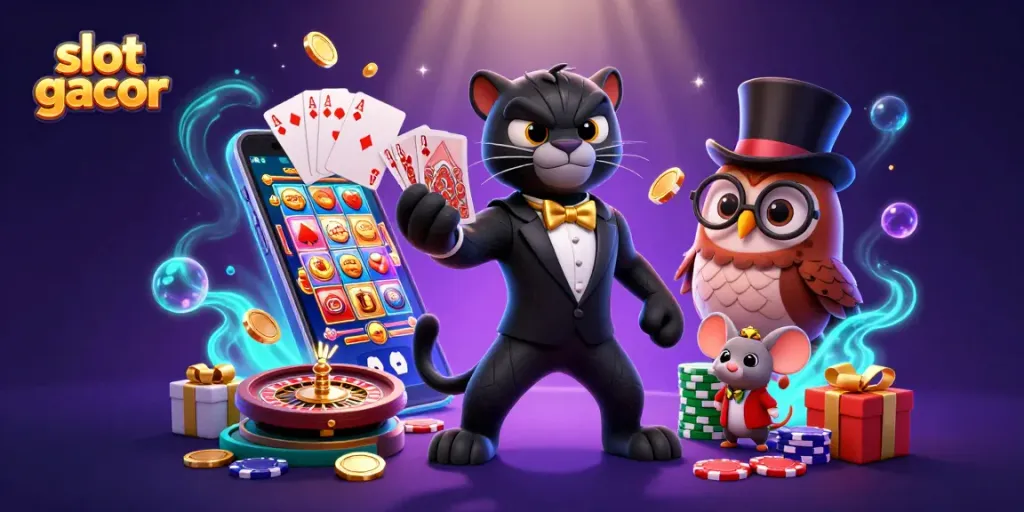 Ilustrasi slot gacor yang menampilkan panther, burung hantu, dan tikus beruntung di kasino.