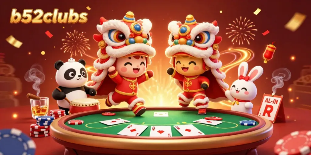 Engage with thrilling games at b52clubs, featuring lively characters and poker elements.