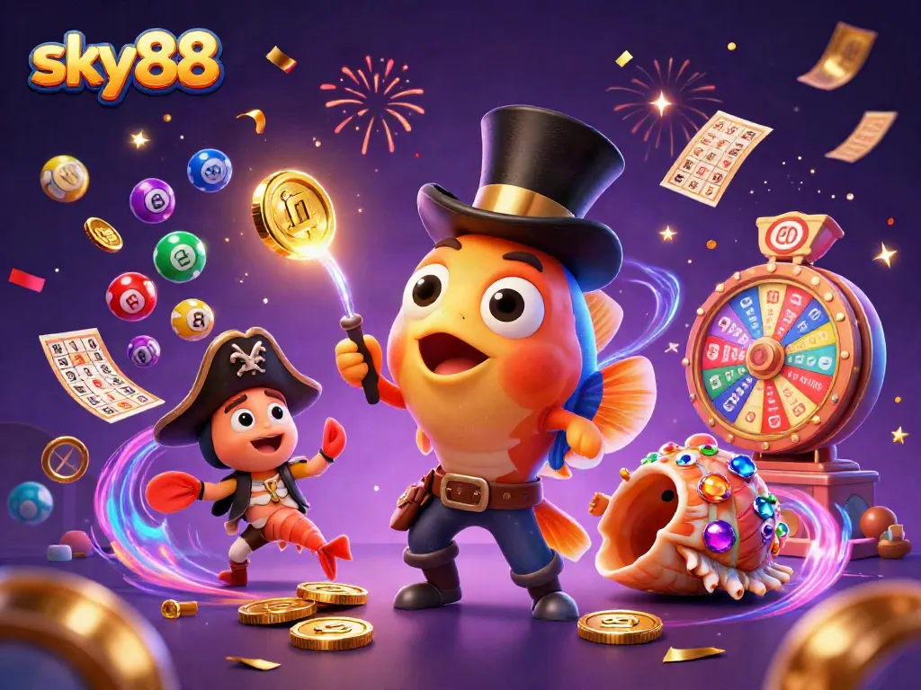 Engage with the exciting world of sky88 as the anglerfish lures coins amidst vibrant gaming elements.