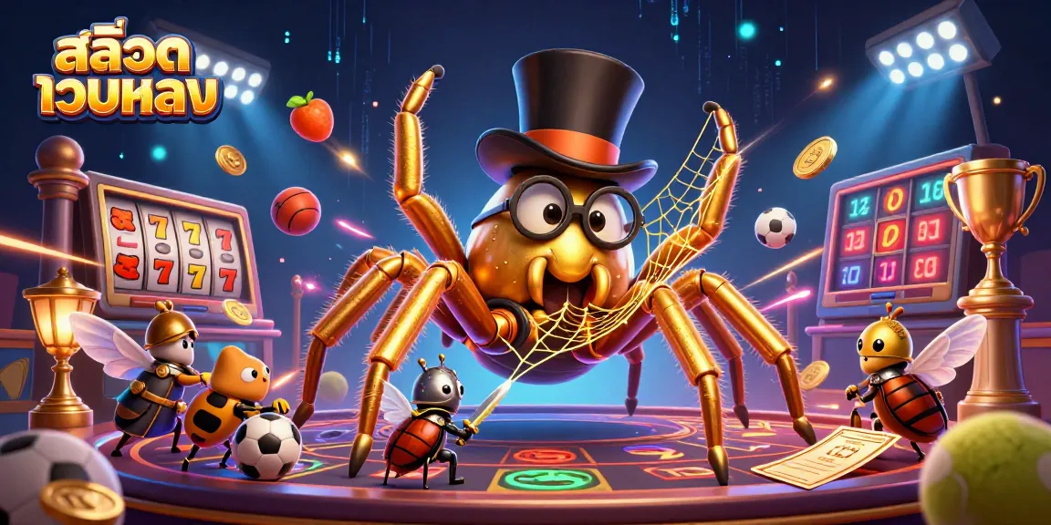 Engage with สล็อตเว็บตรง casino action as a golden tarantula and beetle knight meet amidst slot reels.