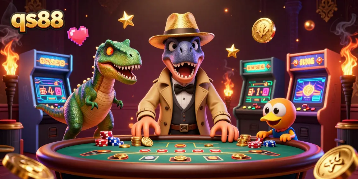qs88 showcases a sneaky velociraptor at a blackjack table, expertly stealing chips in a vibrant casino.
