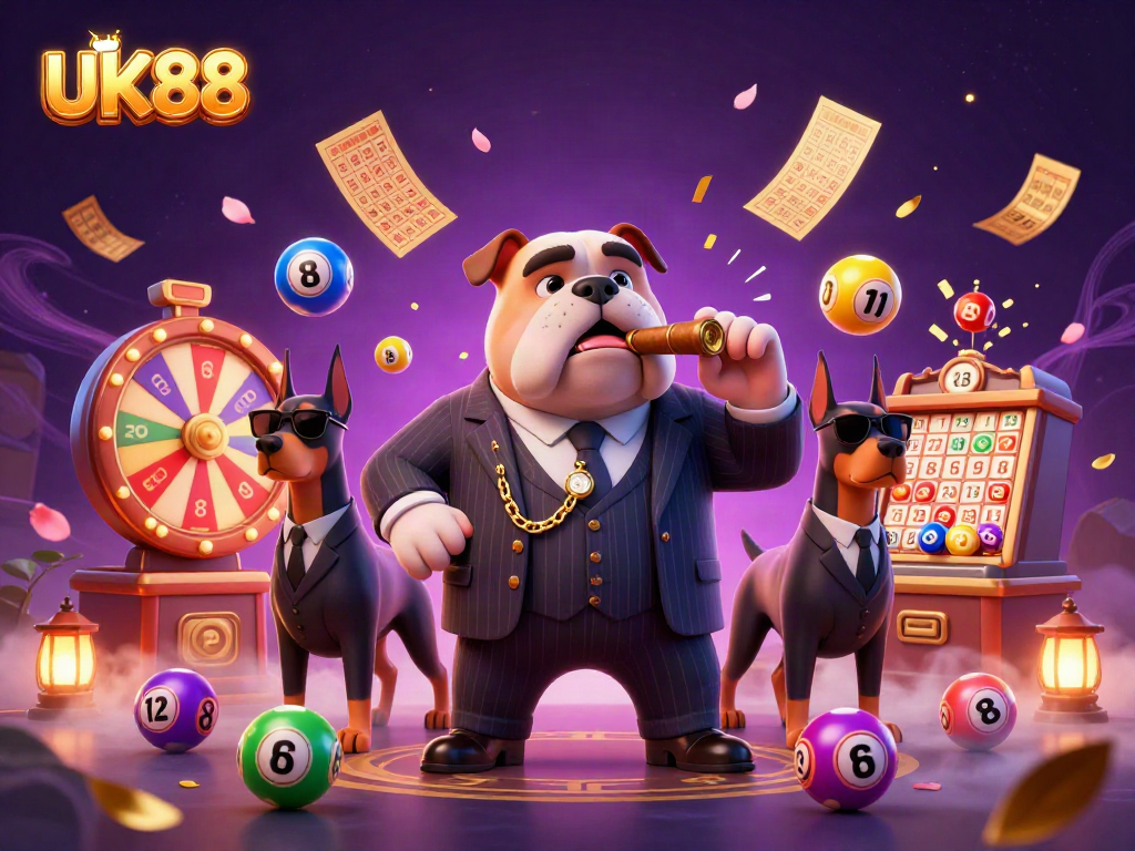Engage with UK88's vibrant gaming scene, featuring a mafia boss bulldog and dynamic lottery elements.