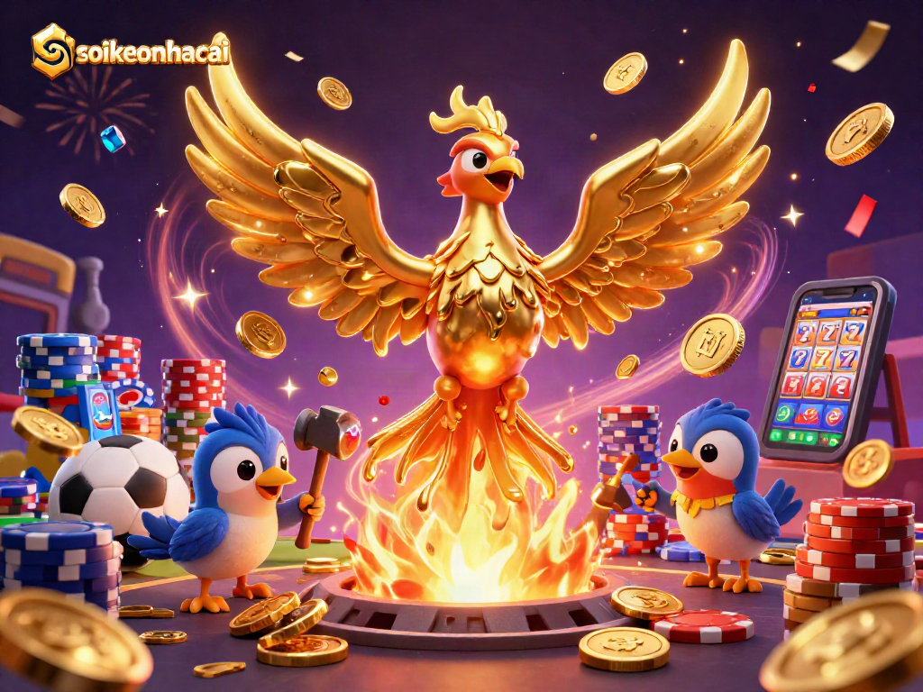 Experience thrilling sports betting dynamics with a soikeonhacai-styled golden phoenix and vibrant casino elements.