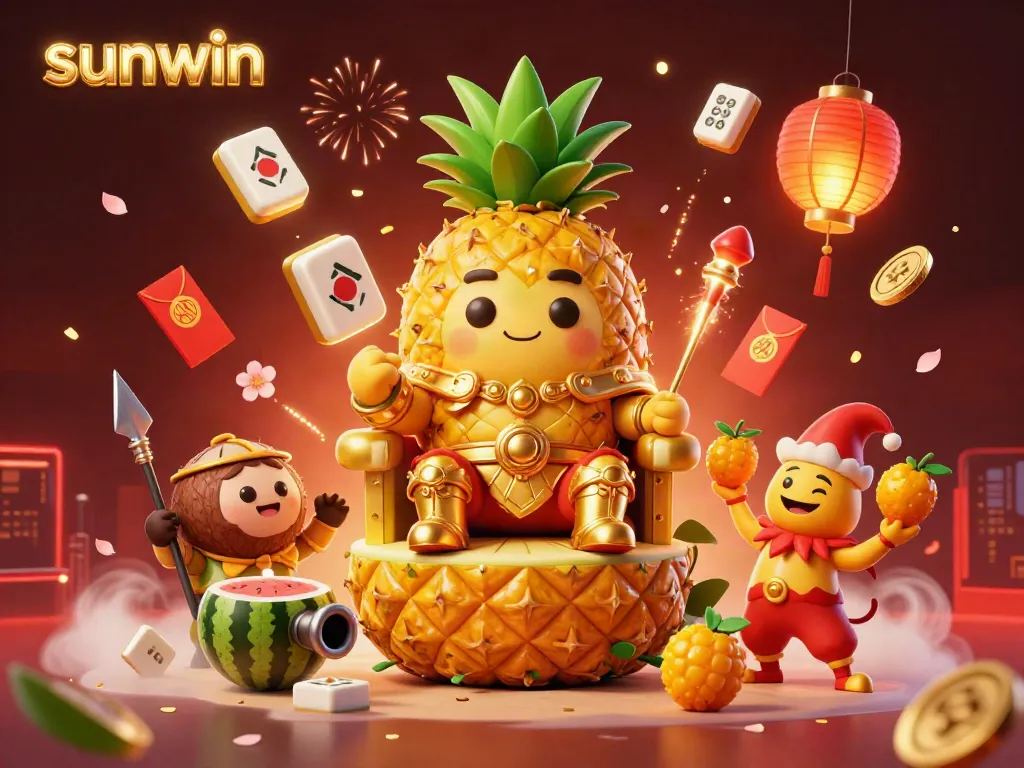 Experience the lively casino atmosphere at sunwin with a golden pineapple king, jester, and vibrant game elements.