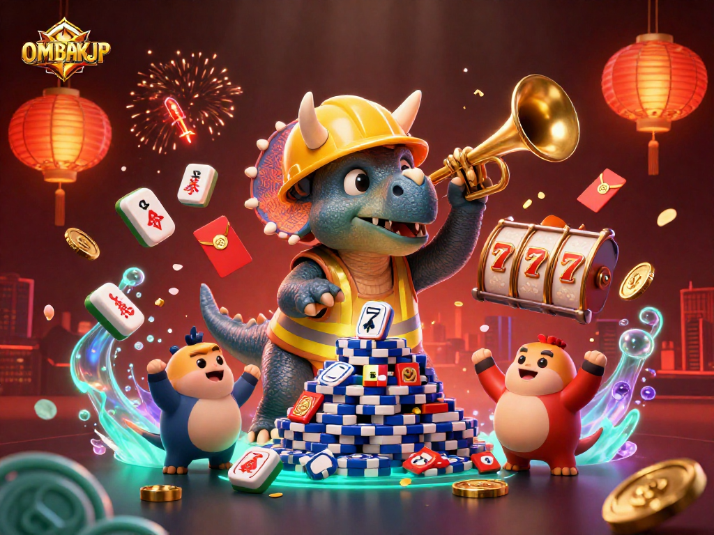 Engage with OMBAKJP in a vibrant casino scene featuring cartoon dinosaurs celebrating wins!