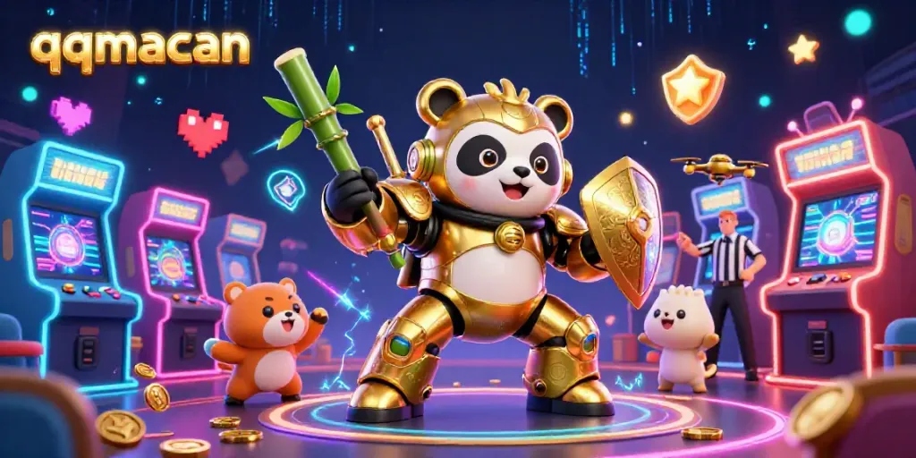 Experience the excitement of qqmacan in a vibrant casino arena with lively characters and gaming elements.