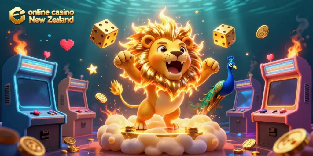 Engage with thrilling moments at an online casino New Zealand, featuring a roaring sun lion character with cosmic dice and arcade elements.
