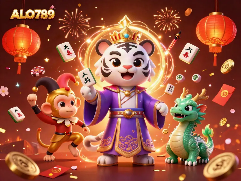 Experience ALO789's vibrant online casino with a lively tableau of characters and gaming elements fused together.