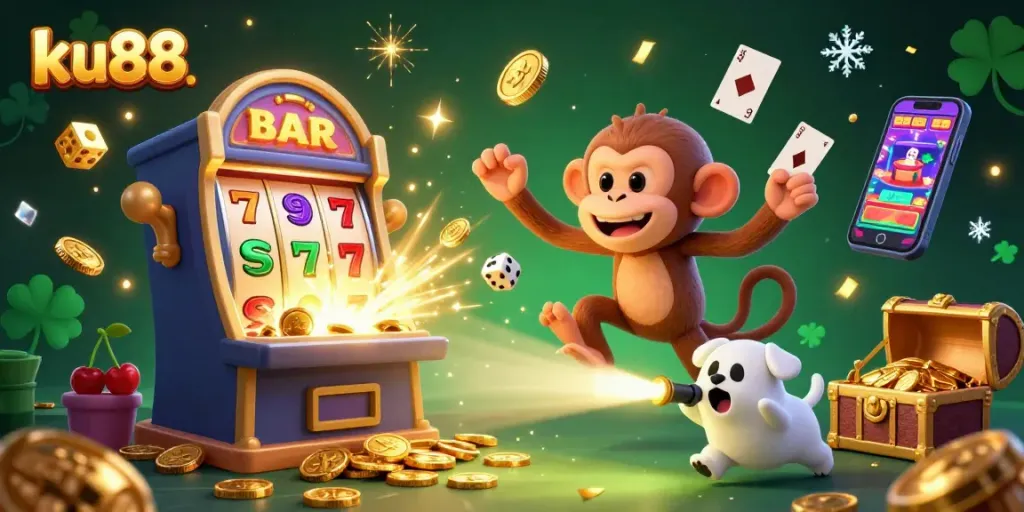 Engaging ku88 casino illustration featuring a monkey and puppy amid vibrant gaming elements.