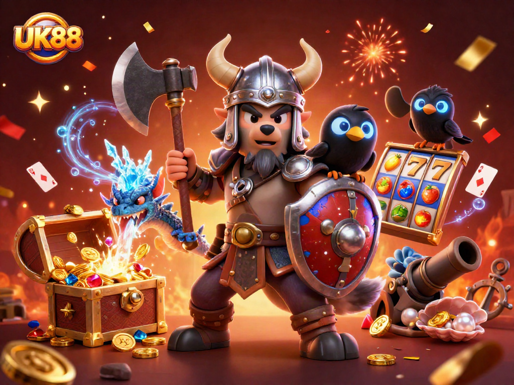 Win big at UK88 with a Viking warrior, dragon, and explosive slot reels in captivating 3D