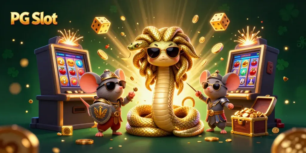 Mainkan PG Slot dengan Medusa dan pahlawan tikus dalam ilustrasi kasino yang semarak.