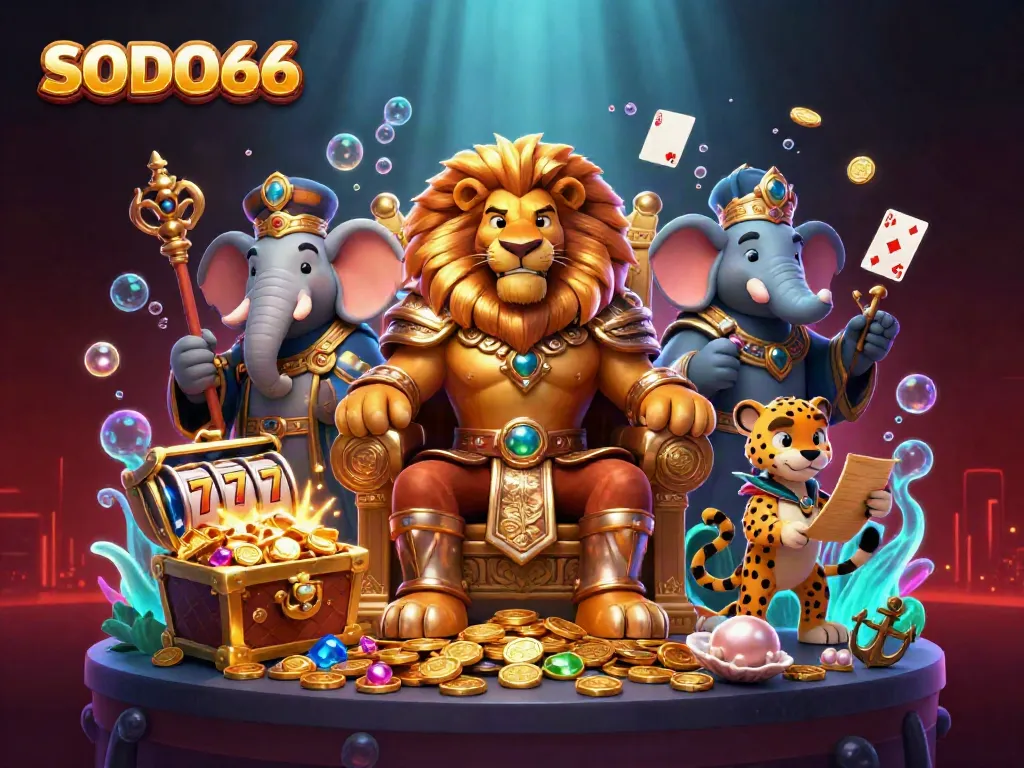 A fierce lion king representing SODO66 sits on a gold coin throne surrounded by dynamic casino elements.