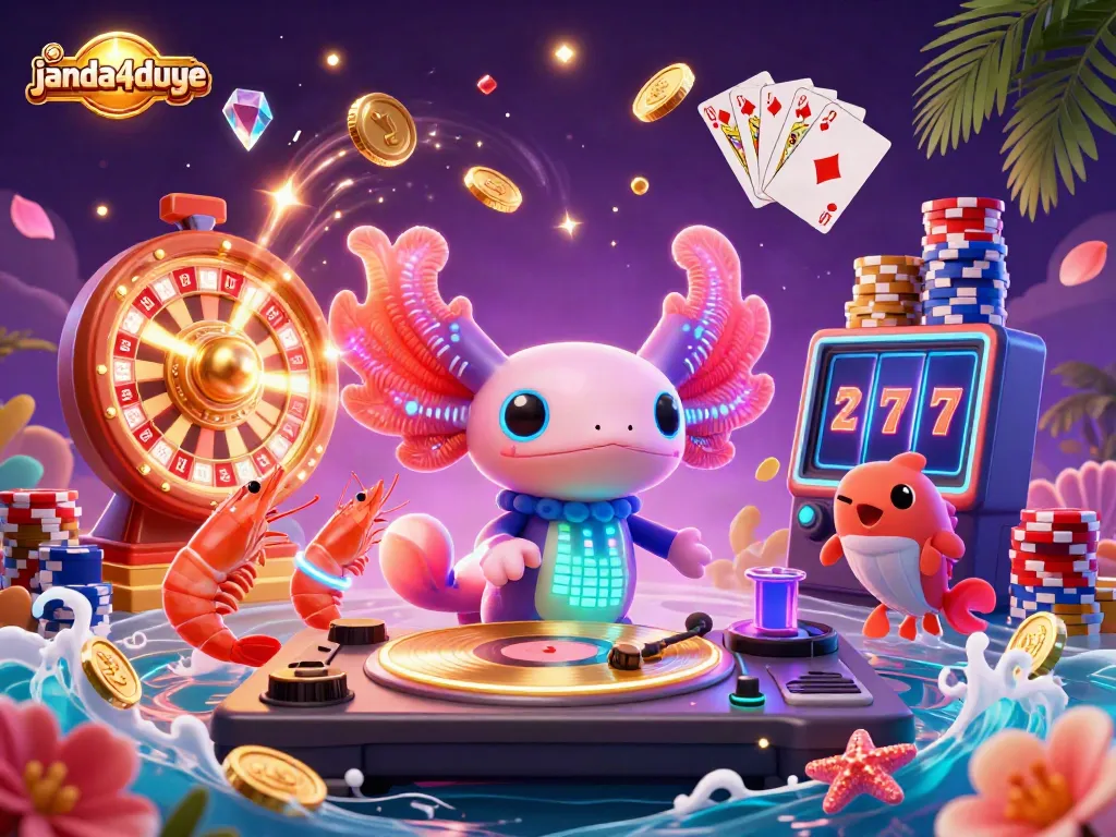 Asah strategi permainan di janda4duye dengan ilustrasi DJ axolotl neon dan koin berkilau.