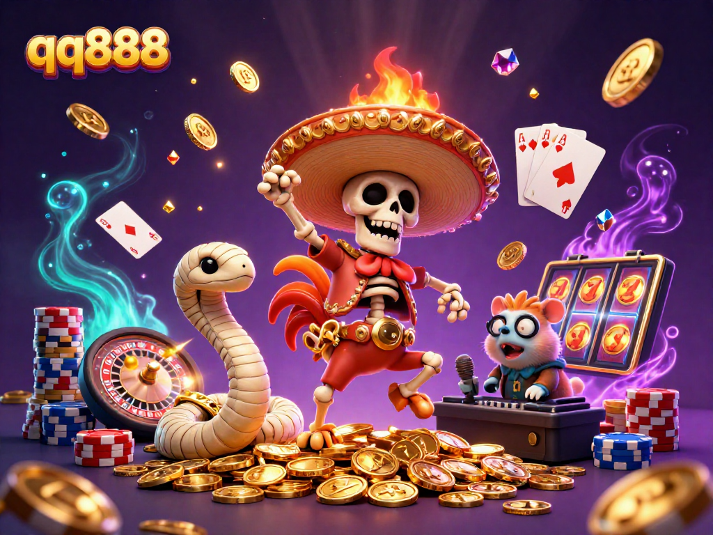 Experience winning moments at qq888 with a vibrant 3D casino scene featuring colorful characters and gaming elements.