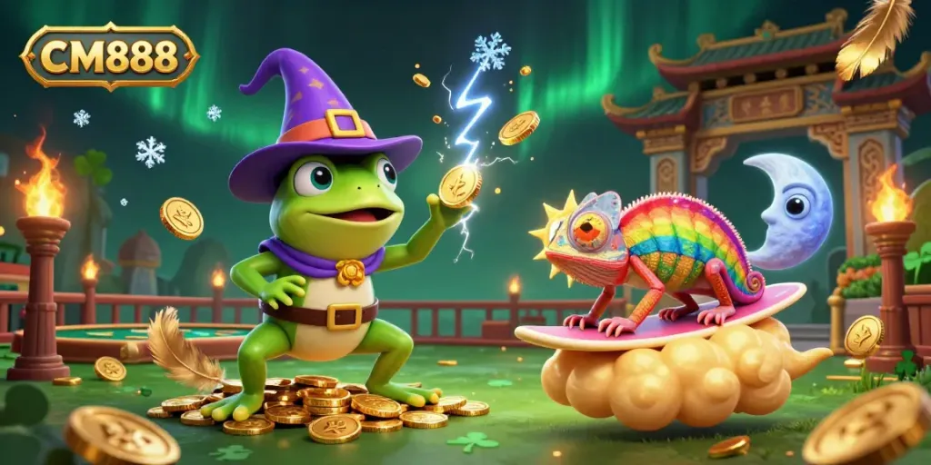 Engage with CM888's exciting gameplay featuring a wizard frog conjuring golden coins in a dynamic casino scene.
