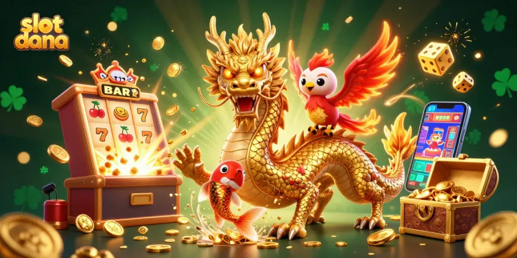 Permainan slot dana penuh dengan karakter unik, mesin slot dan koin bersinar dalam berbagai warna.