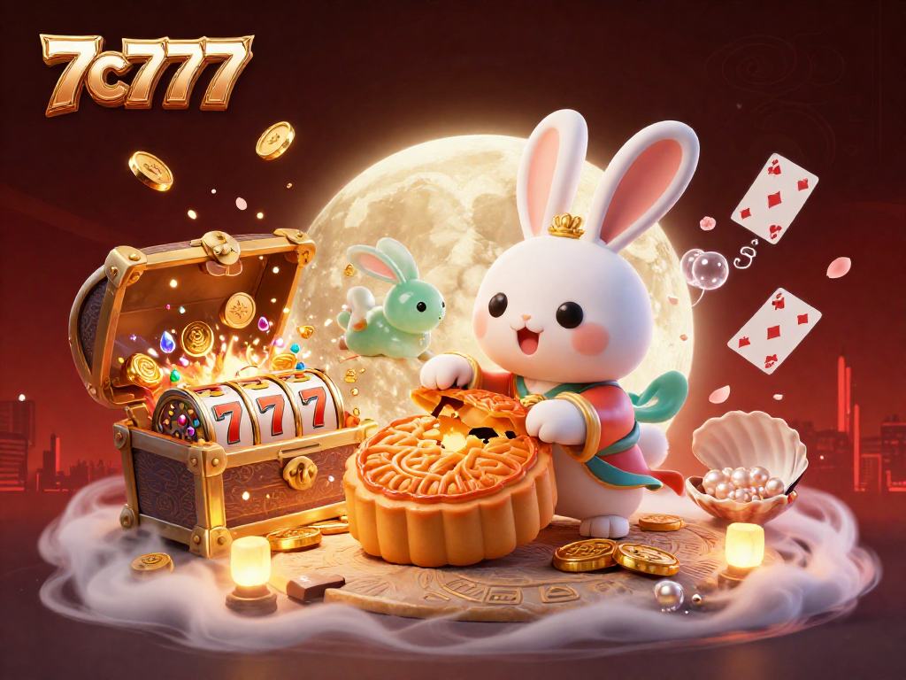 Engage with the 7c777 online casino through an energetic 3D illustration of a moon rabbit on a lunar jackpot.