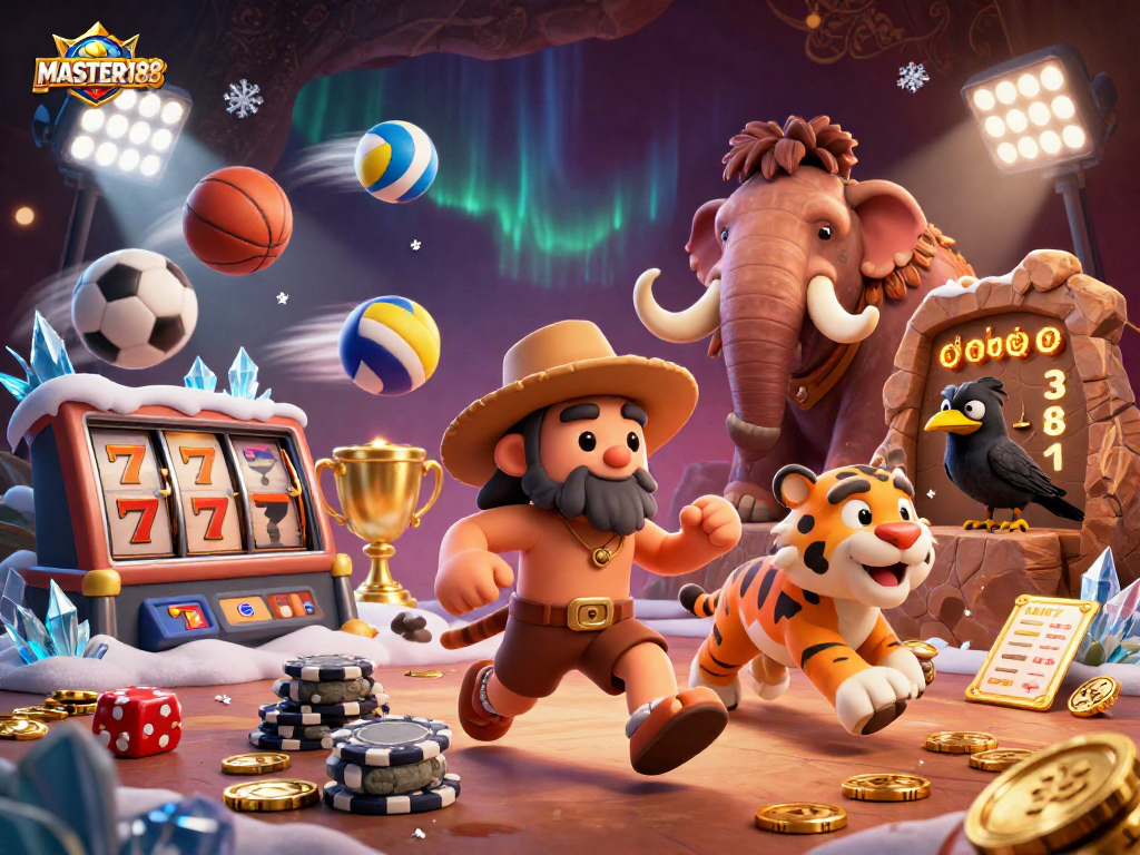 Experience the excitement of gaming at MASTER188 with dynamic elements in a vibrant casino scene