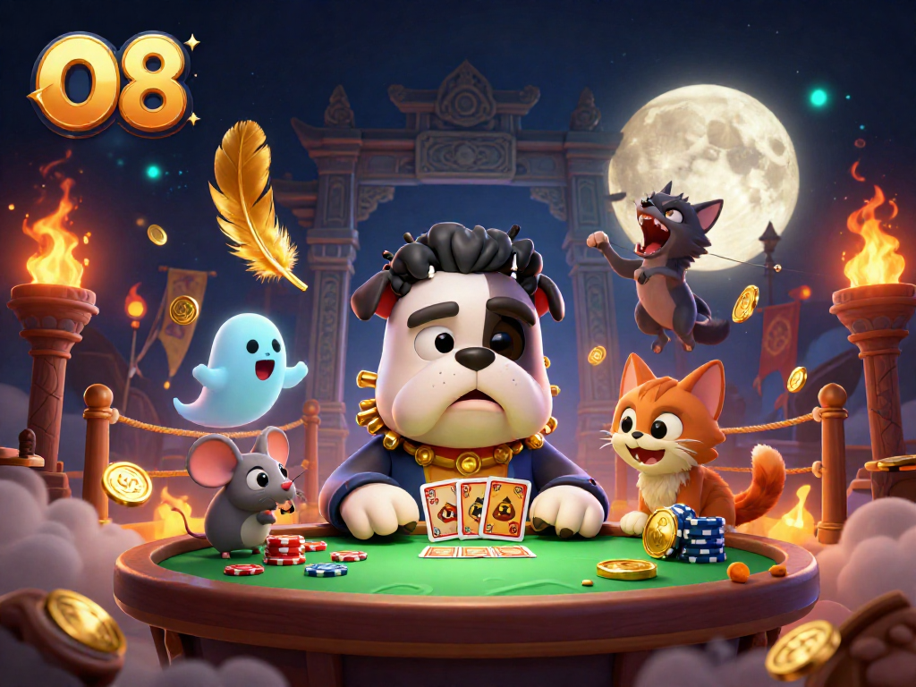 O8's exciting gambling scene features a Franken bulldog dealer and ghost mouse at a vibrant casino.