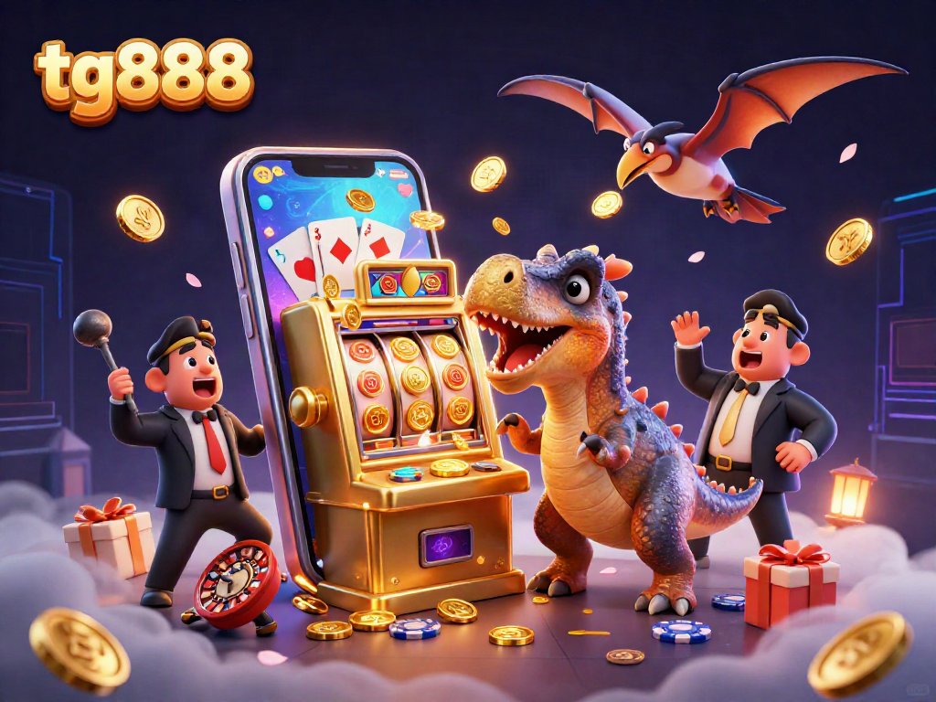 Engaging tg888 scene with a dinosaur interacting with a slot machine amidst flying coins and casino elements.