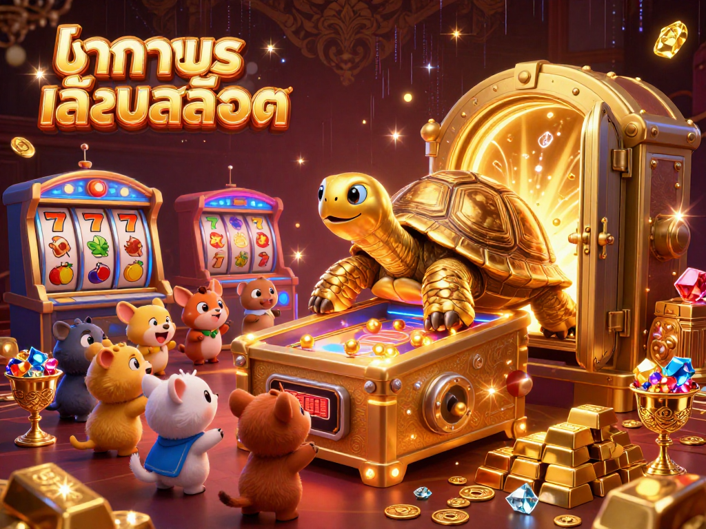 Experience ทดลองเล่นสล็อต with an engaging scene of a golden tortoise pinball machine in a lively casino