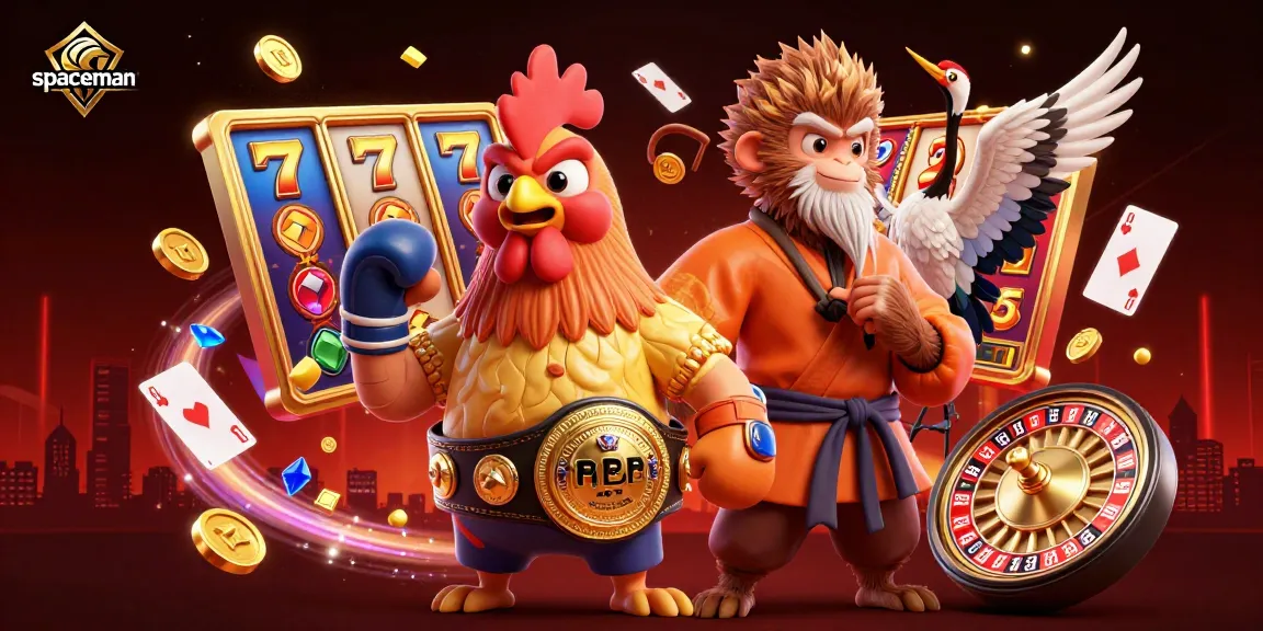 Engage with spaceman slots, toss lucky coins, and spin vibrant reels in this colorful 3D casino scene.