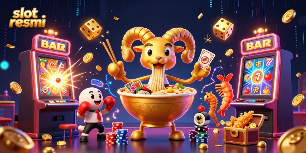 Engage in thrilling gameplay with slot resmi featuring dynamic cartoon characters in a vibrant casino scene.