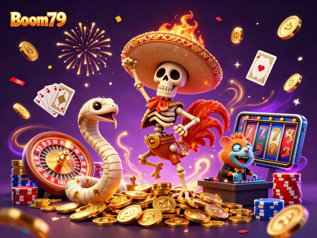 Experience the excitement of Boom79 with vibrant characters and dynamic casino elements.