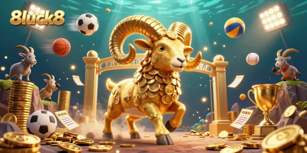 Engage in thrilling gameplay with 8luck8's golden ram mascot amidst dynamic betting action and sports elements.