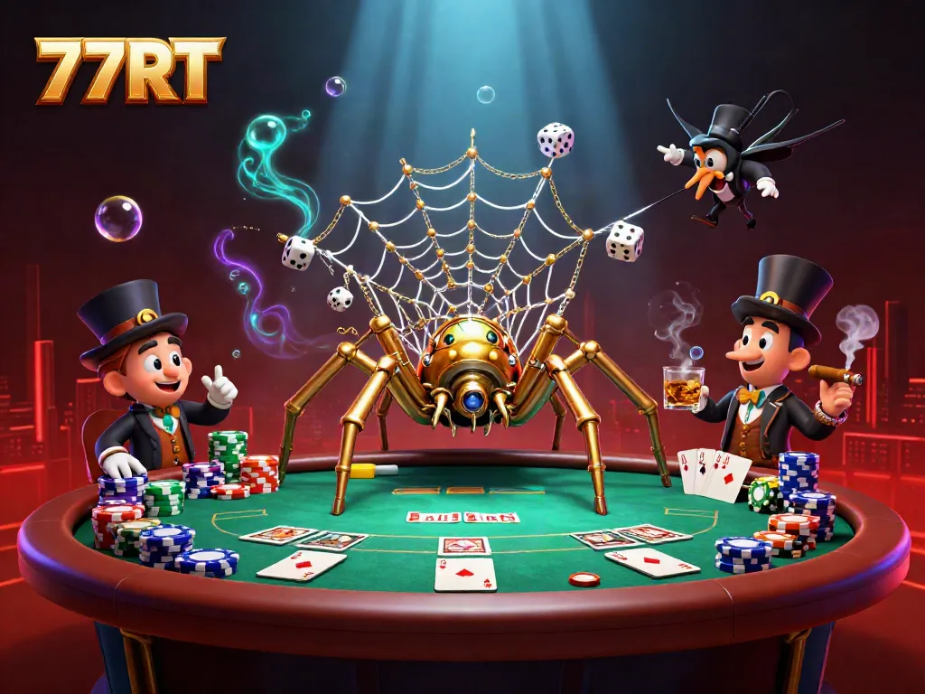 Win big with 77RT as the golden spider spins a captivating web of poker chips and dice.