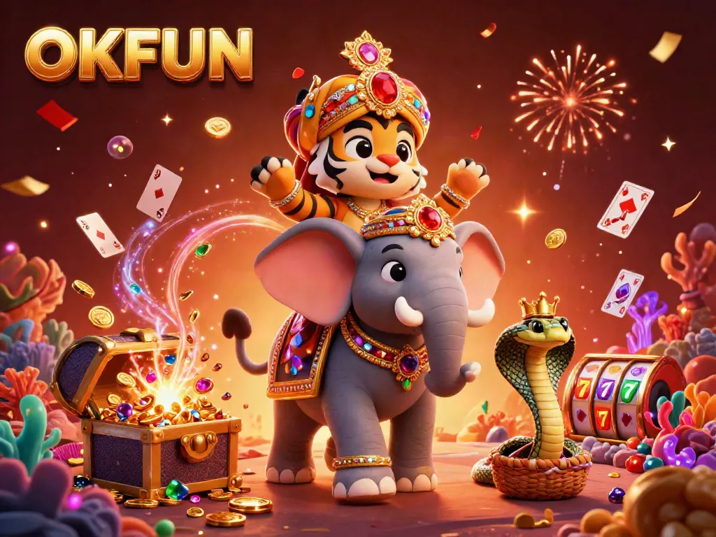 Immerse in the vibrant OKFUN casino world featuring a cartoon maharaja tiger, jewel elephant, and lively elements.
