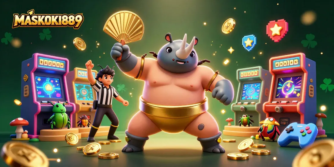 Engage with the thrilling action of MASKOKI889, featuring a sumo champion beetle amidst golden coins and arcade elements.