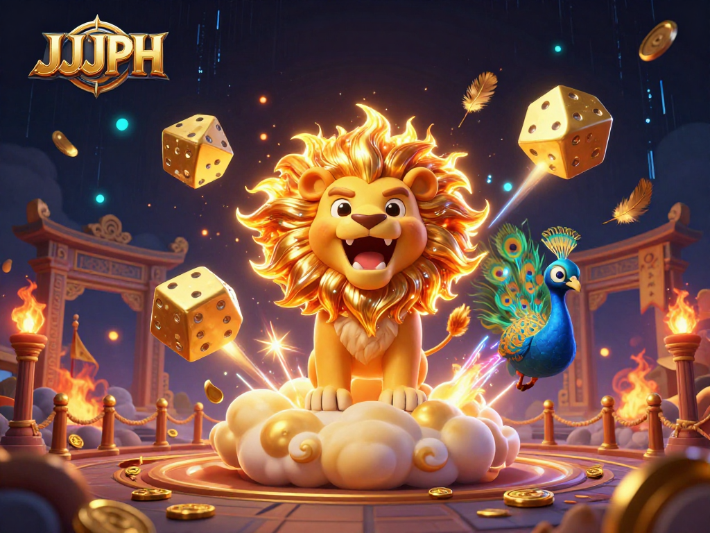 Magandang illustasyon ng JJJPH na nagtatampok ng 3D cartoon lion sa casino na may mga dice at barya.