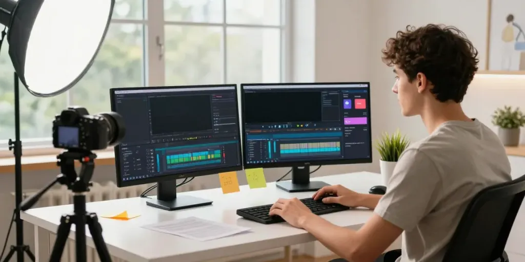 Bokep pembuat video di ruang kerja modern dengan perangkat editing dan pencahayaan lembut.