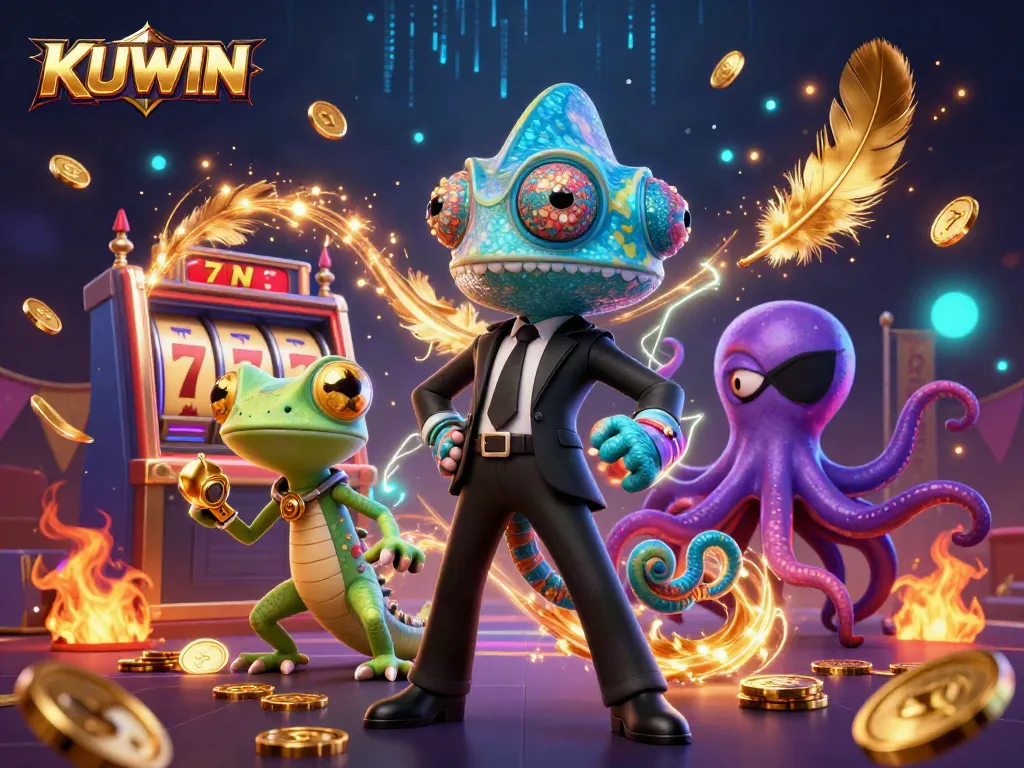 KUWIN showcases an intense 3D scene with vibrant casino elements and animated characters.