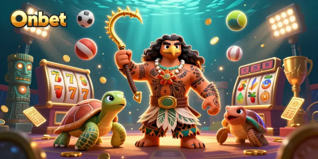 Engage with Onbet's thrilling casino scene featuring dynamic slot reels and lucky 7s.